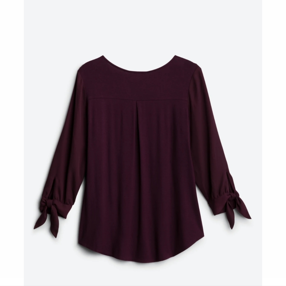 FORTUNE + IVY Farrow Tie Sleeve Mixed Material Blouse/Dark Purple/Size XL - Picture 2 of 3